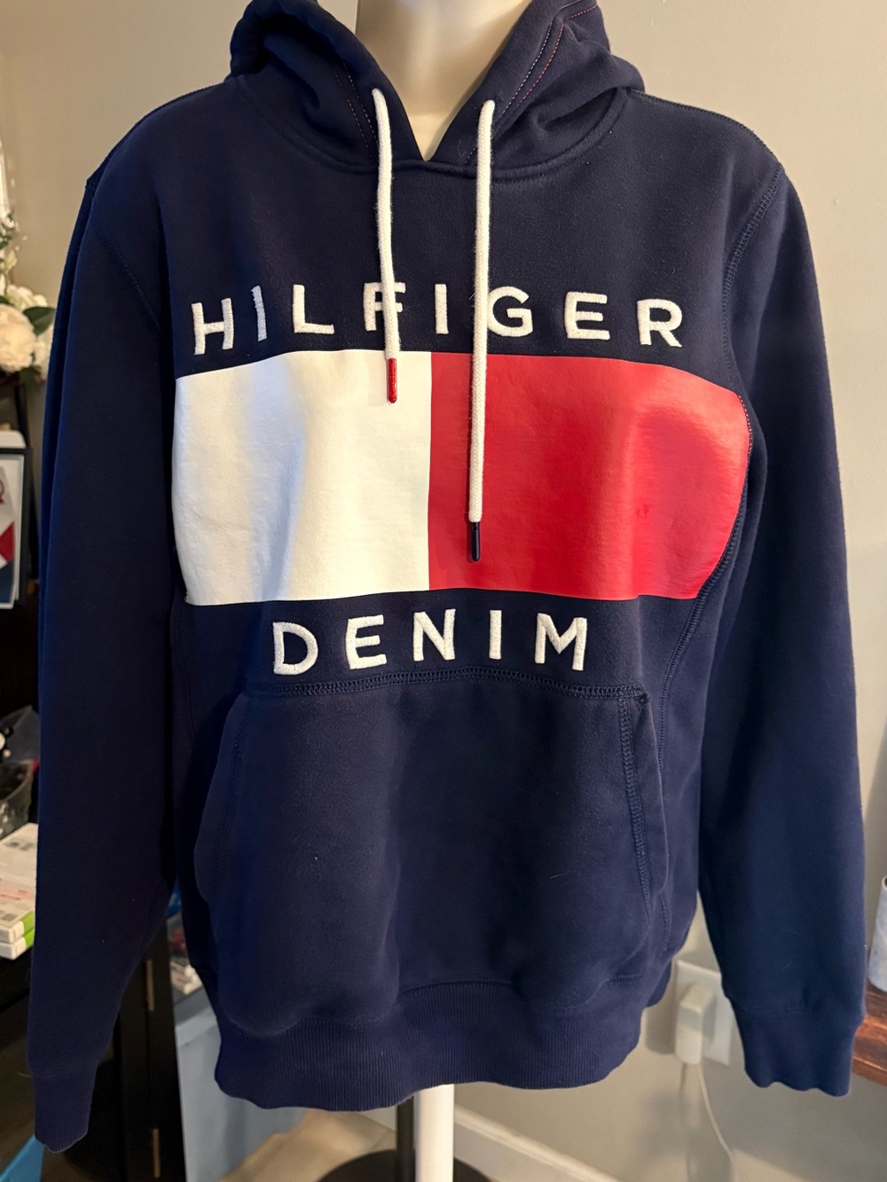 Tommy Hilfiger Navy Hoodie with White and Red Flag Panel